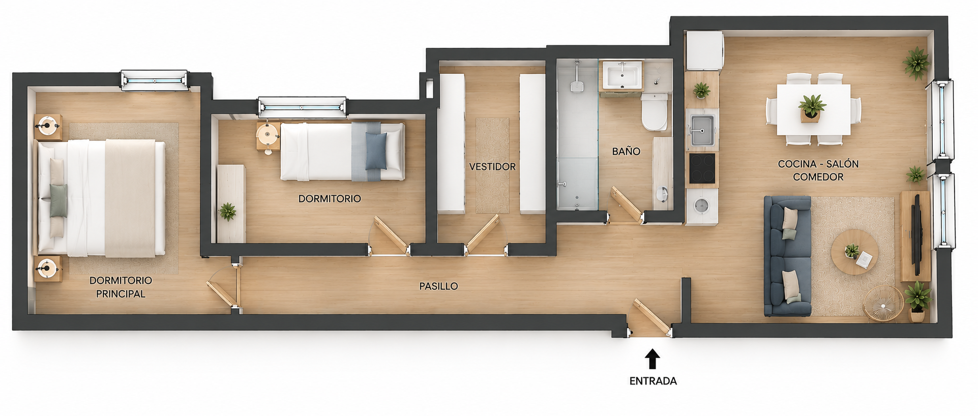 Plano orientativo de la vivienda: salón-cocina, dos dormitorios, vestidor independiente y baño